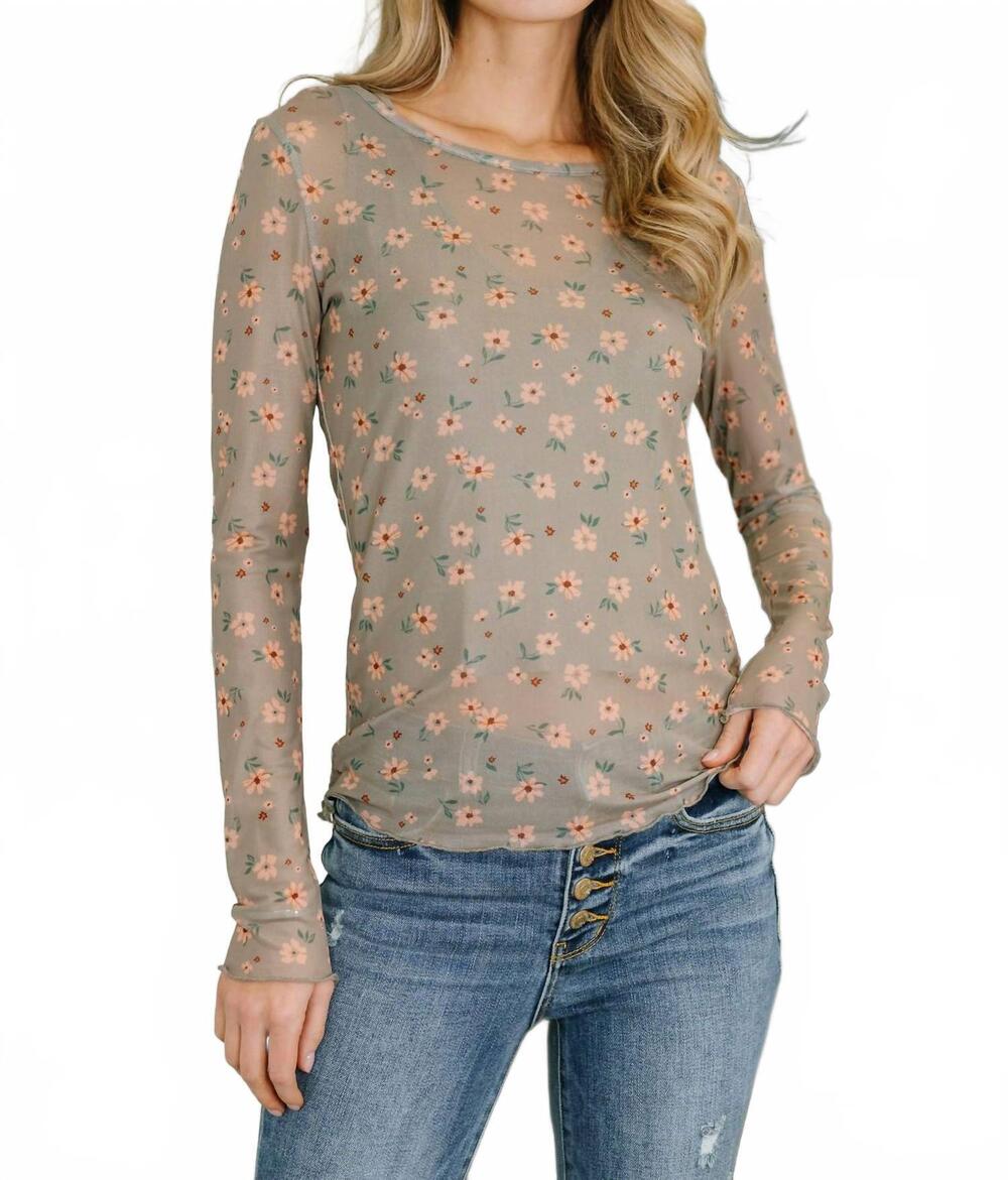 NEW 1 THE WOMAN vintage floral print southern style mesh long sleeve top in gree
